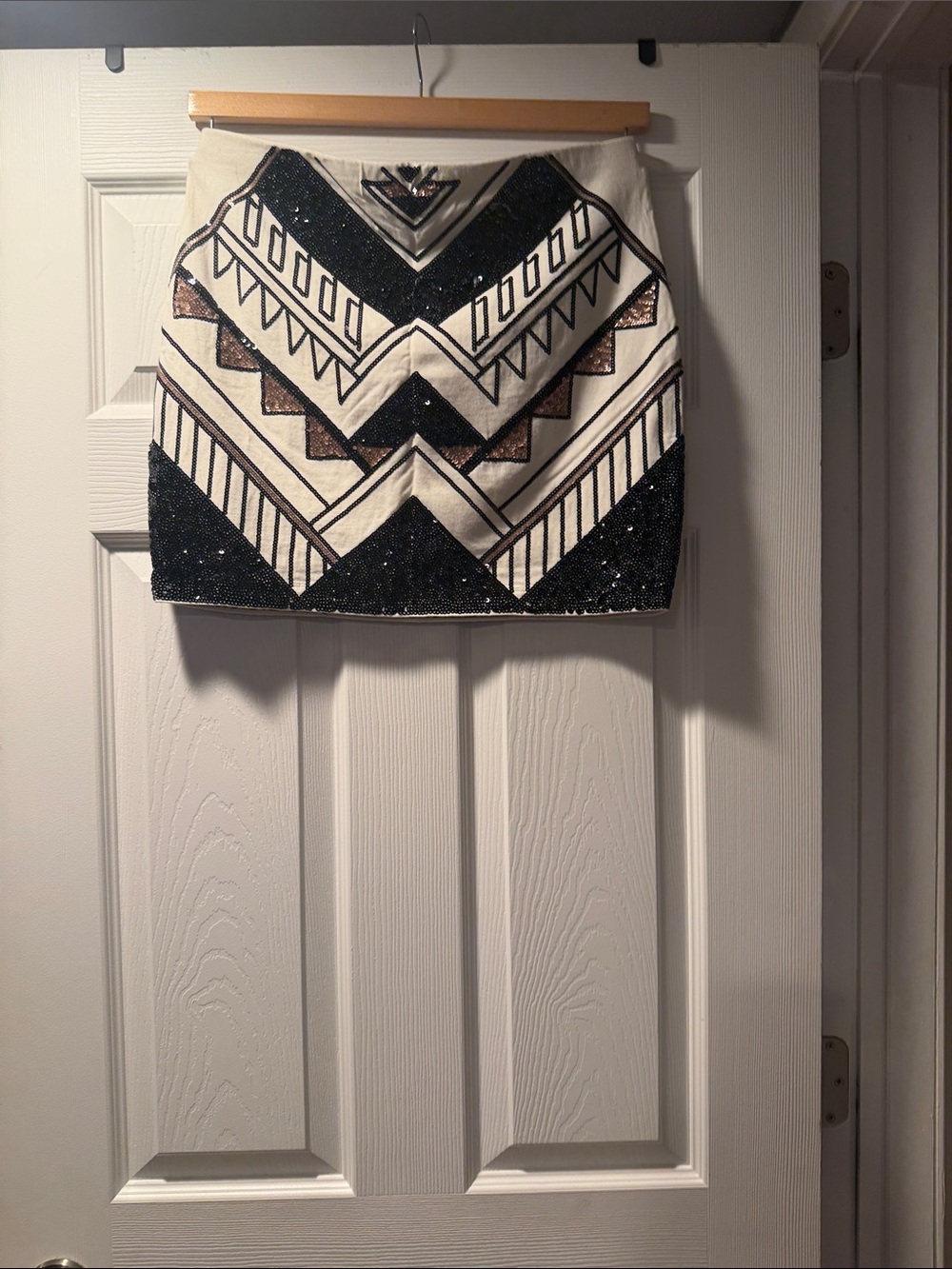 Express Cream Mini Skirt with Black and Brown Sequin Chevron Pattern